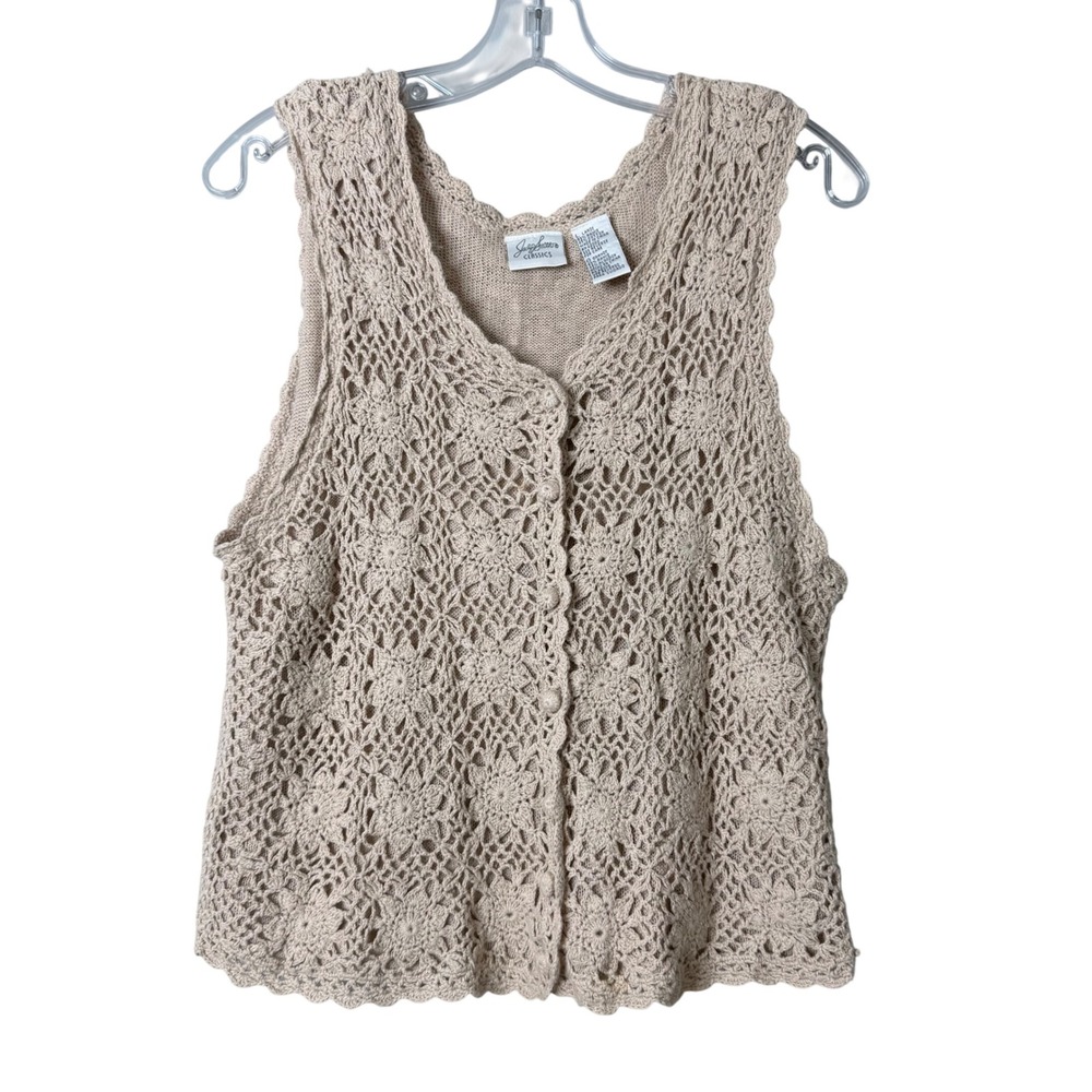 Jaclyn Smith Crochet Sweater Vest Womens Large Tan Beige Floral Button Front